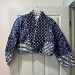 Blue Quilted Jacket with Patterned Design